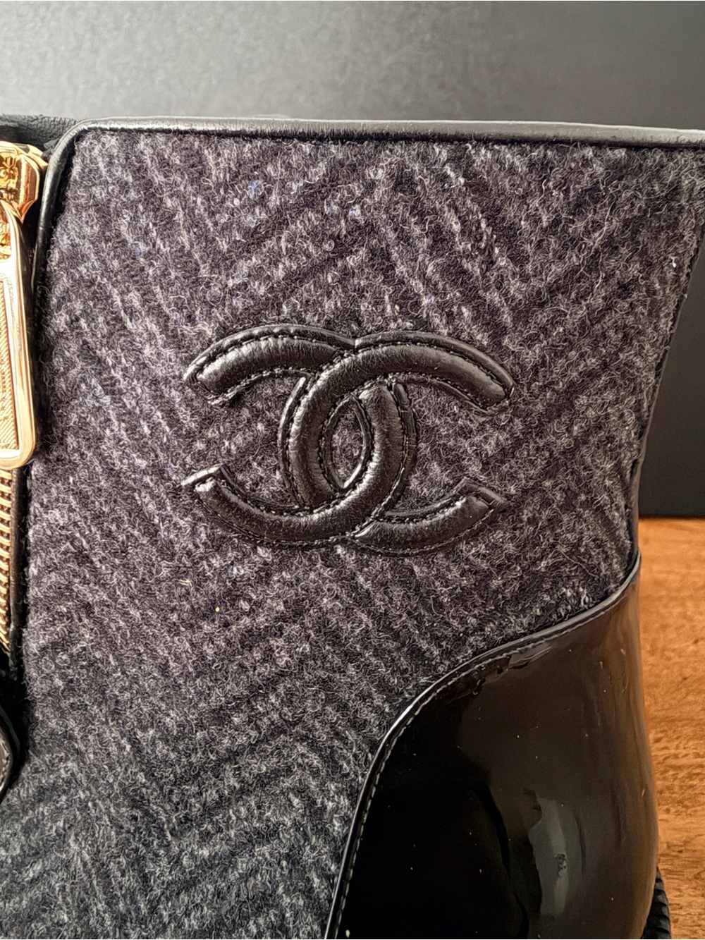 CHANEL Black Tweed & Leather Ankle Booties with Gold Zip Pull - Picture 6 of 11